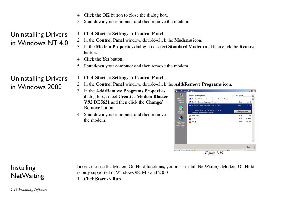 Uninstalling drivers in windows nt 4.0, Uninstalling drivers in windows 2000, Installing netwaiting | CREATIVE Blaster v.92 External User Manual | Page 25 / 35