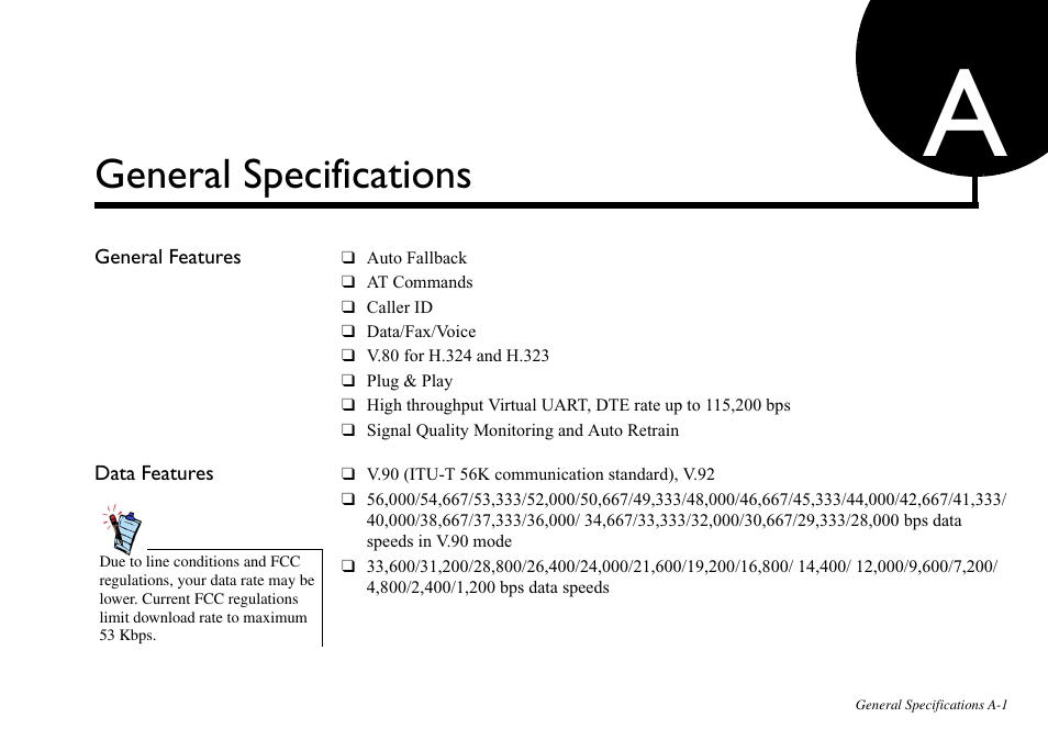 General specifications, General features, Data features | CREATIVE Blaster v.92 External User Manual | Page 27 / 35