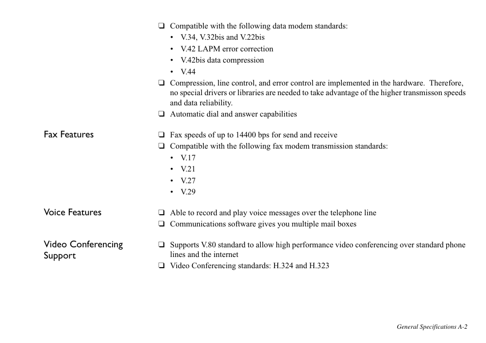 Fax features, Voice features, Video conferencing support | CREATIVE Blaster v.92 External User Manual | Page 28 / 35