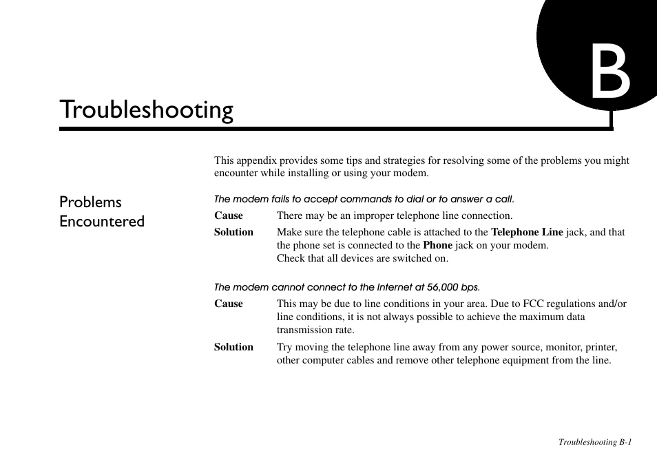 Troubleshooting, Problems encountered | CREATIVE Blaster v.92 External User Manual | Page 29 / 35