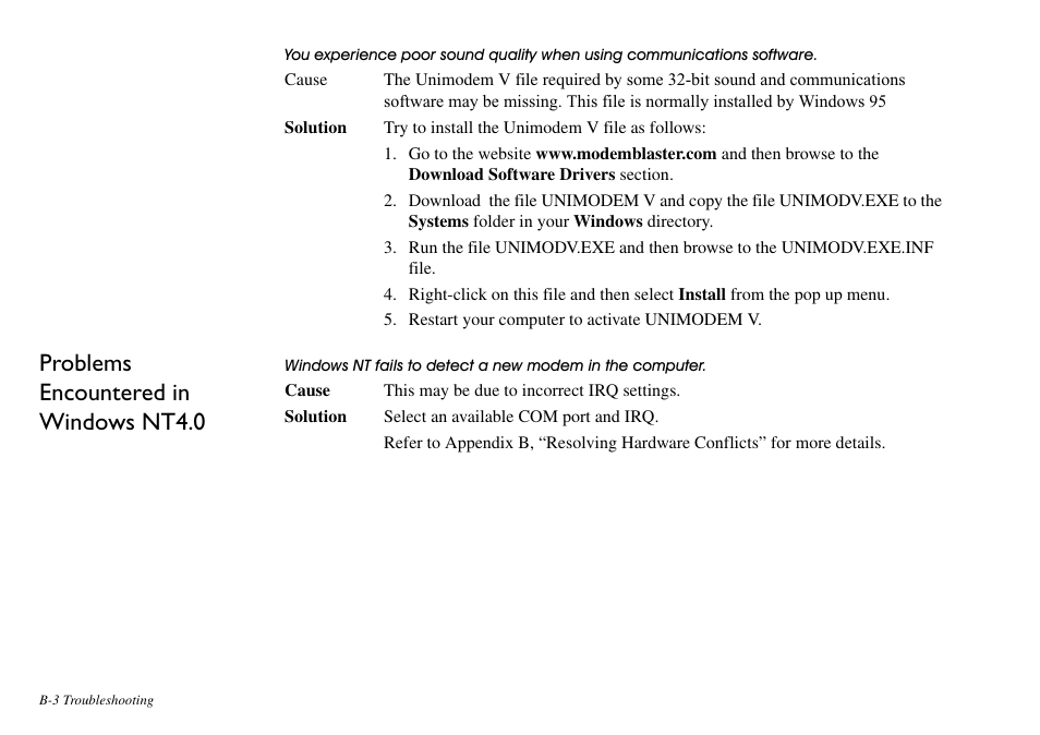 Problems encountered in windows nt4.0 | CREATIVE Blaster v.92 External User Manual | Page 31 / 35