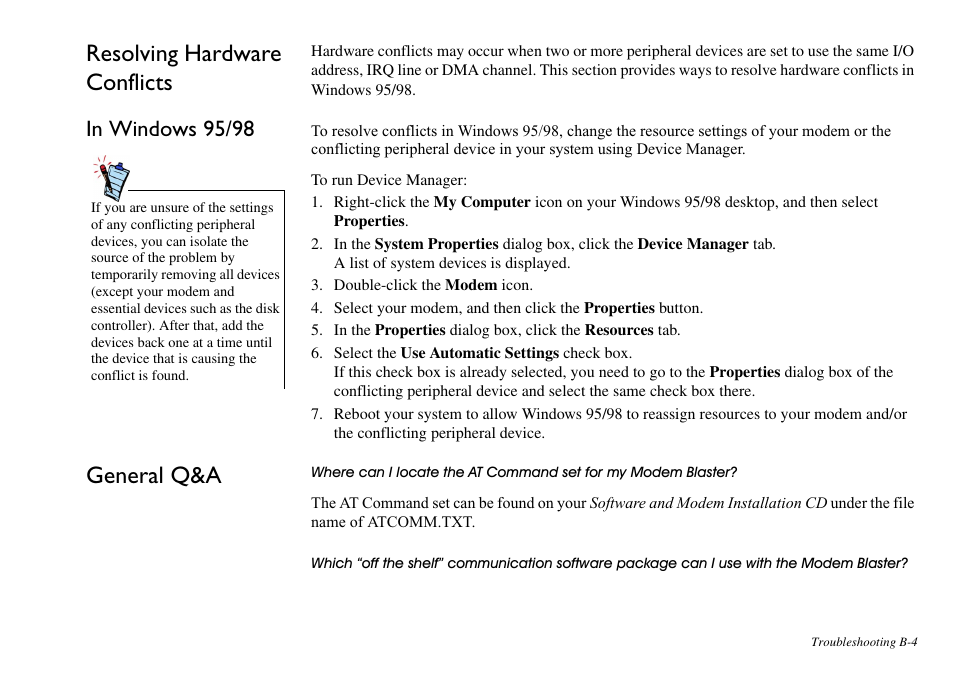 Resolving hardware conflicts, In windows 95/98, General q&a | CREATIVE Blaster v.92 External User Manual | Page 32 / 35
