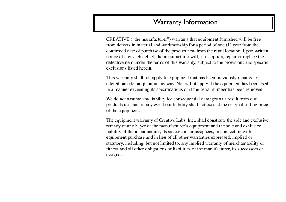 Warranty information | CREATIVE Blaster v.92 External User Manual | Page 34 / 35