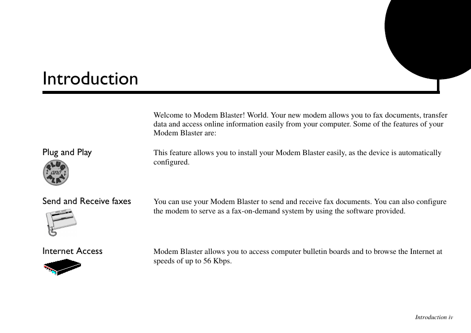 Introduction, Plug and play, Send and receive faxes | Internet access | CREATIVE Blaster v.92 External User Manual | Page 5 / 35