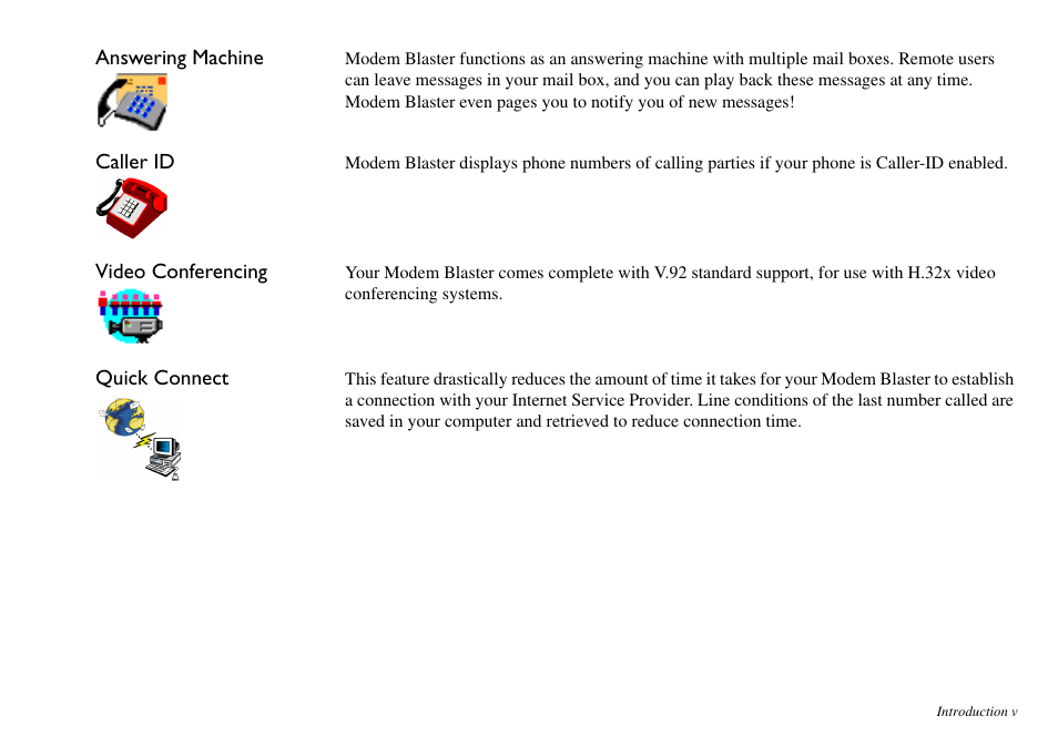 Answering machine, Caller id, Video conferencing | Quick connect | CREATIVE Blaster v.92 External User Manual | Page 6 / 35