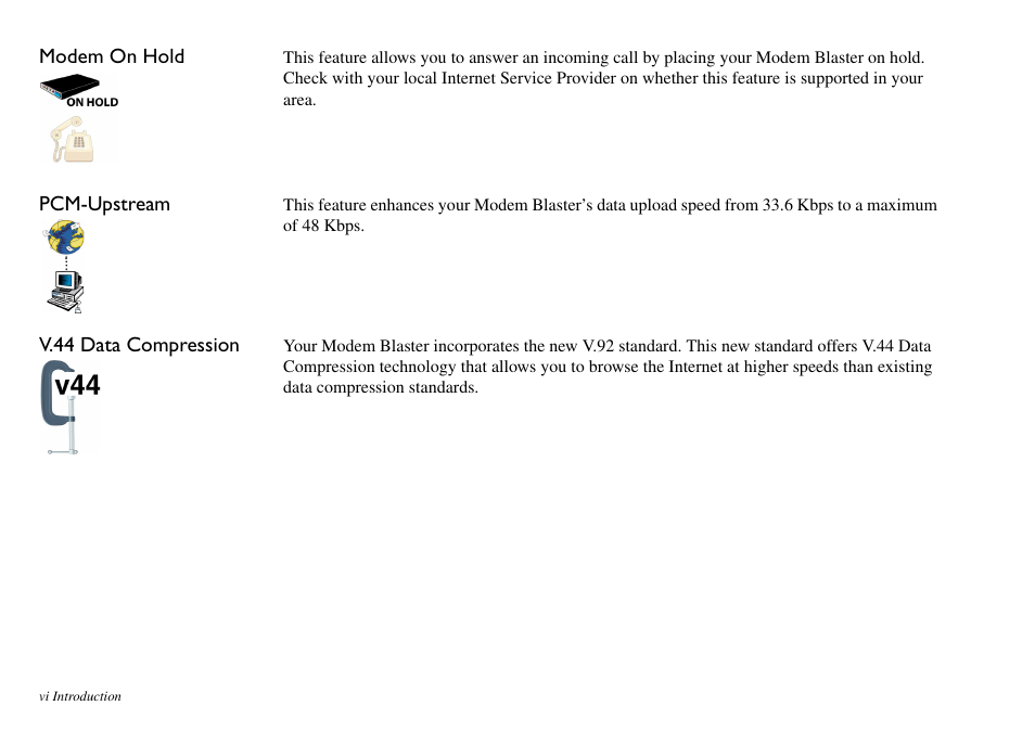 Modem on hold, Pcm-upstream, V.44 data compression | CREATIVE Blaster v.92 External User Manual | Page 7 / 35