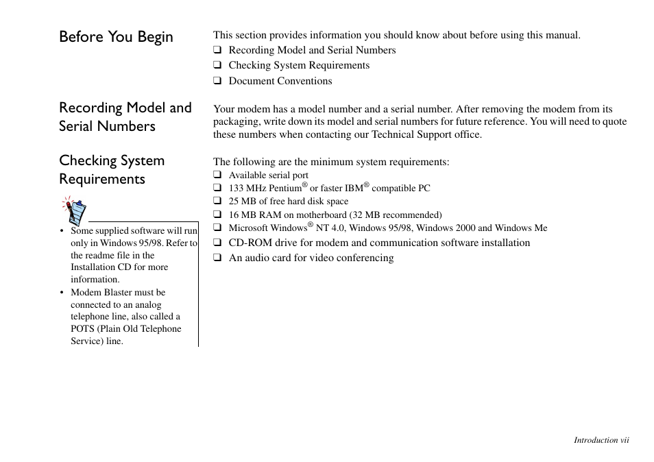Before you begin, Recording model and serial numbers, Checking system requirements | CREATIVE Blaster v.92 External User Manual | Page 8 / 35