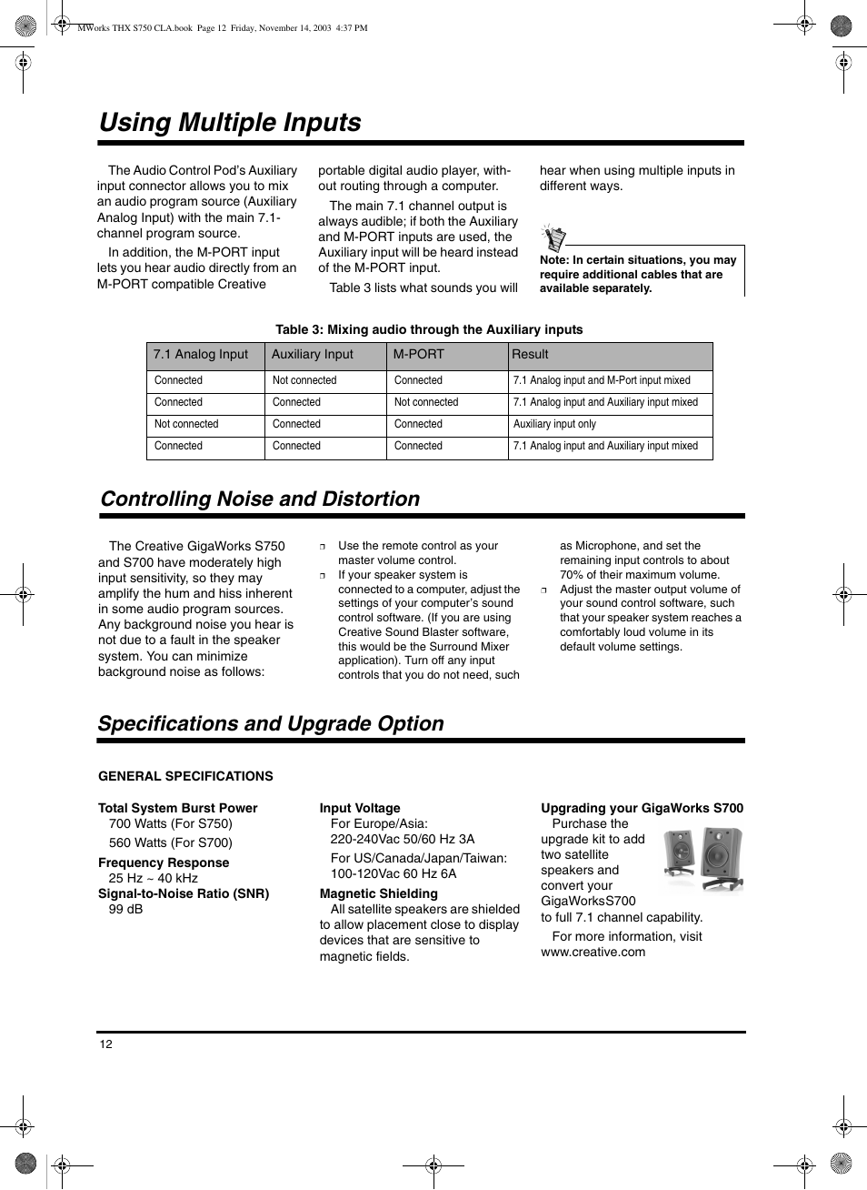 Using multiple inputs | CREATIVE GigaWorks S750 User Manual | Page 12 / 12