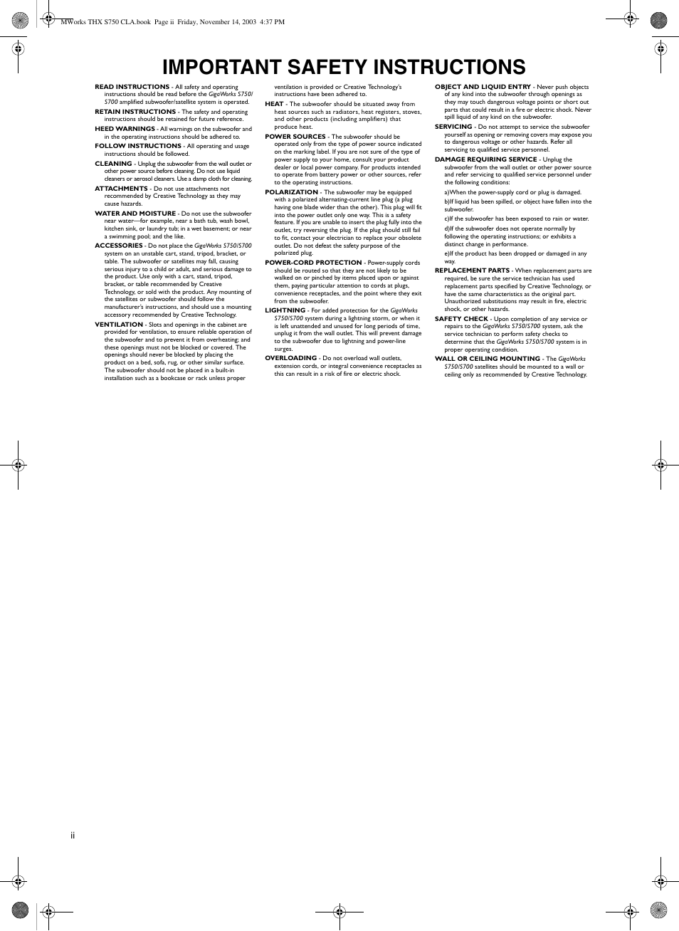 Important safety instructions | CREATIVE GigaWorks S750 User Manual | Page 2 / 12