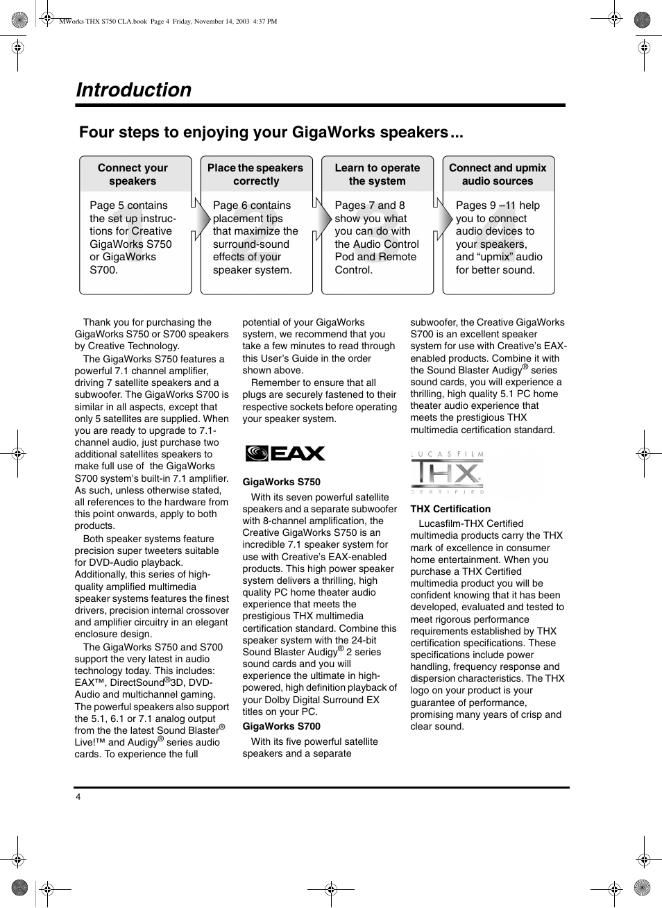 Introduction, Four steps to enjoying your gigaworks speakers | CREATIVE GigaWorks S750 User Manual | Page 4 / 12