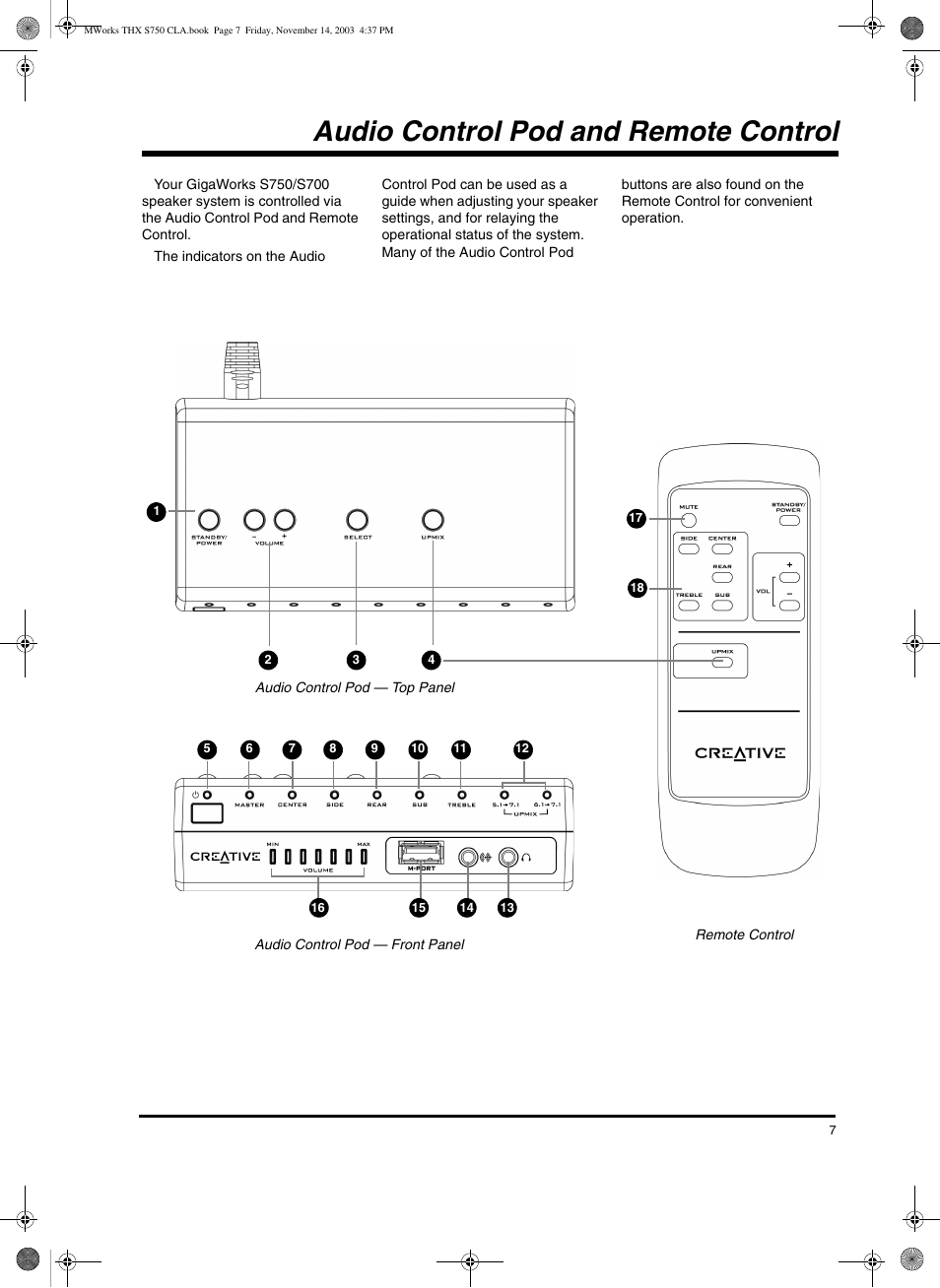 Audio control pod and remote control | CREATIVE GigaWorks S750 User Manual | Page 7 / 12