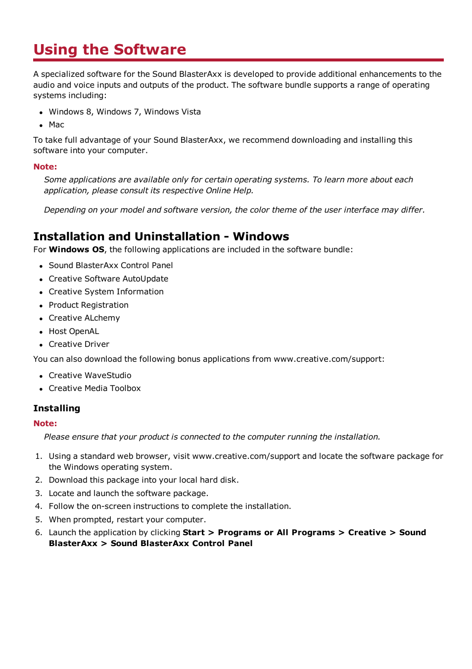 Using the software, Installation and uninstallation - windows, Installing | CREATIVE Sound BlasterAxx SB1390 (SBX10) User Manual | Page 13 / 33