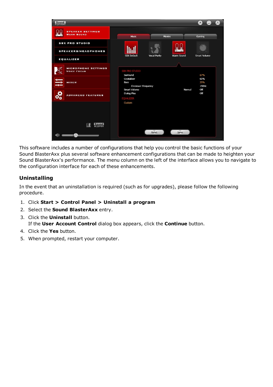 Uninstalling | CREATIVE Sound BlasterAxx SB1390 (SBX10) User Manual | Page 14 / 33