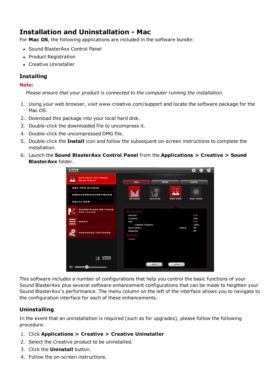 Installation and uninstallation - mac, Installing, Uninstalling | CREATIVE Sound BlasterAxx SB1390 (SBX10) User Manual | Page 15 / 33