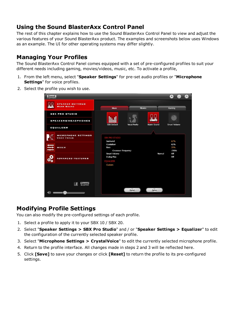 Using the sound blasteraxx control panel, Managing your profiles, Modifying profile settings | CREATIVE Sound BlasterAxx SB1390 (SBX10) User Manual | Page 16 / 33