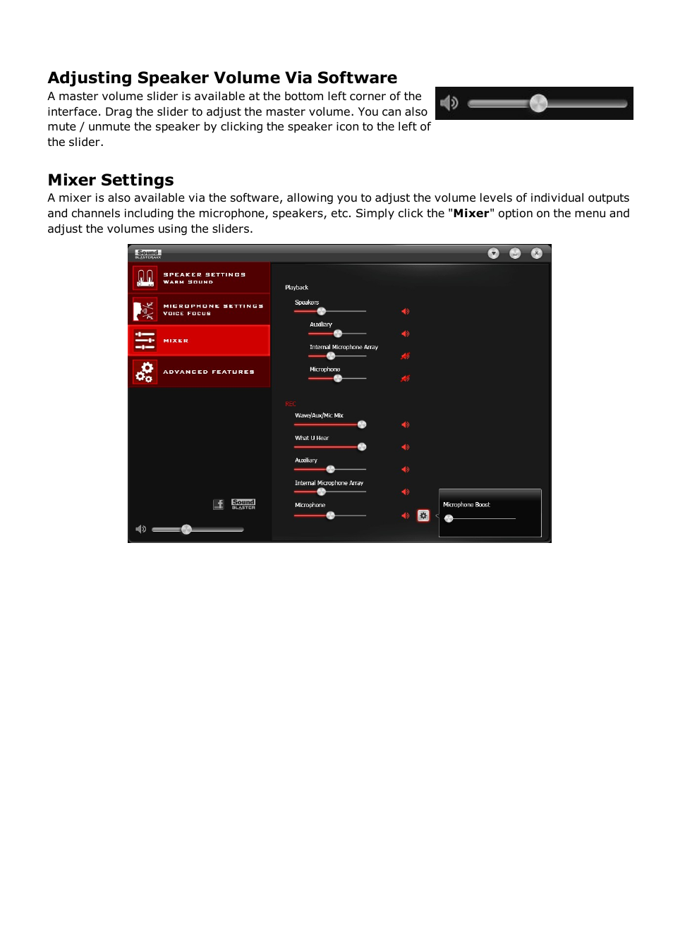 Adjusting speaker volume via software, Mixer settings | CREATIVE Sound BlasterAxx SB1390 (SBX10) User Manual | Page 17 / 33