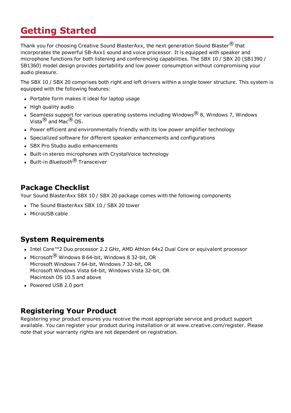 Getting started, Package checklist, System requirements | Registering your product | CREATIVE Sound BlasterAxx SB1390 (SBX10) User Manual | Page 2 / 33