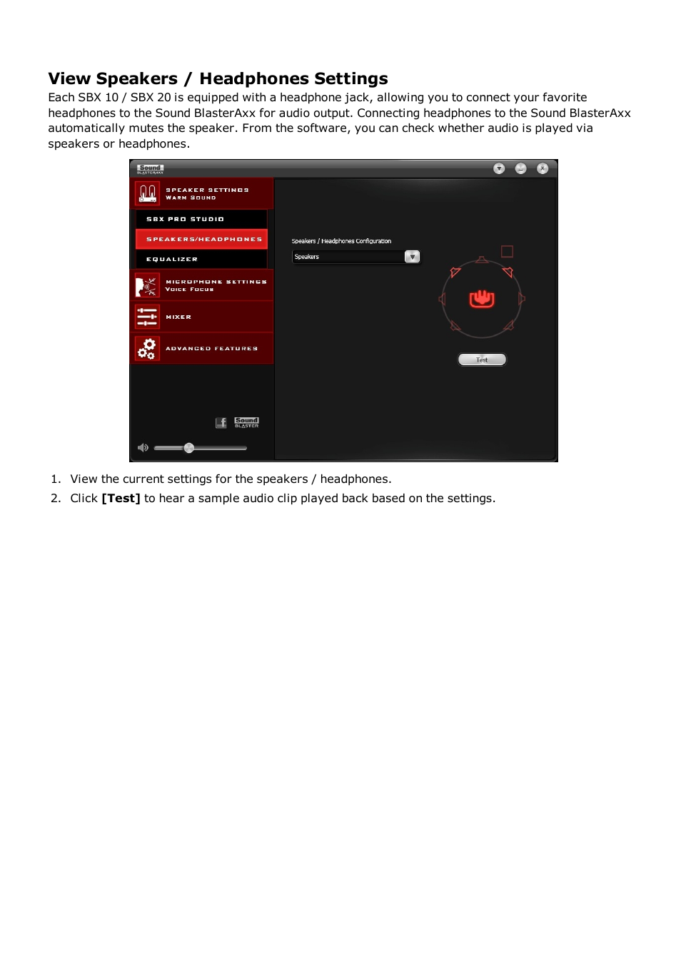 View speakers / headphones settings | CREATIVE Sound BlasterAxx SB1390 (SBX10) User Manual | Page 20 / 33