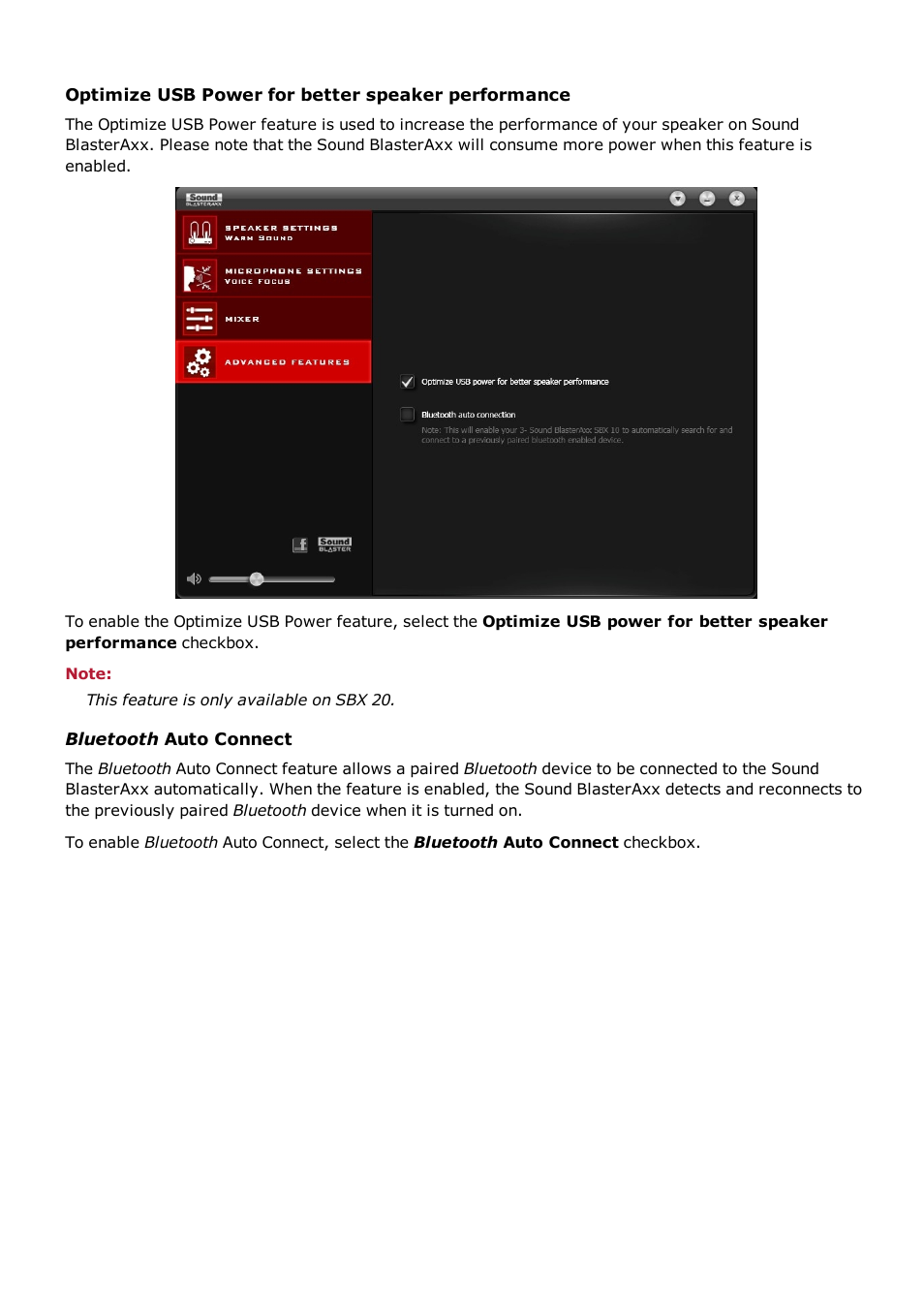 Optimize usb power for better speaker performance, Bluetooth auto connect | CREATIVE Sound BlasterAxx SB1390 (SBX10) User Manual | Page 22 / 33