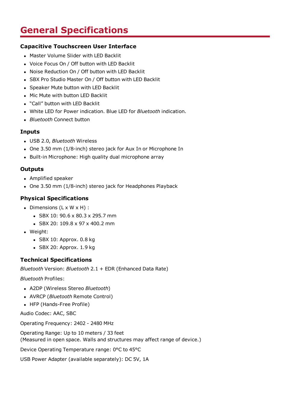 General specifications, Capacitive touchscreen user interface, Inputs | Outputs, Physical specifications, Technical specifications | CREATIVE Sound BlasterAxx SB1390 (SBX10) User Manual | Page 24 / 33