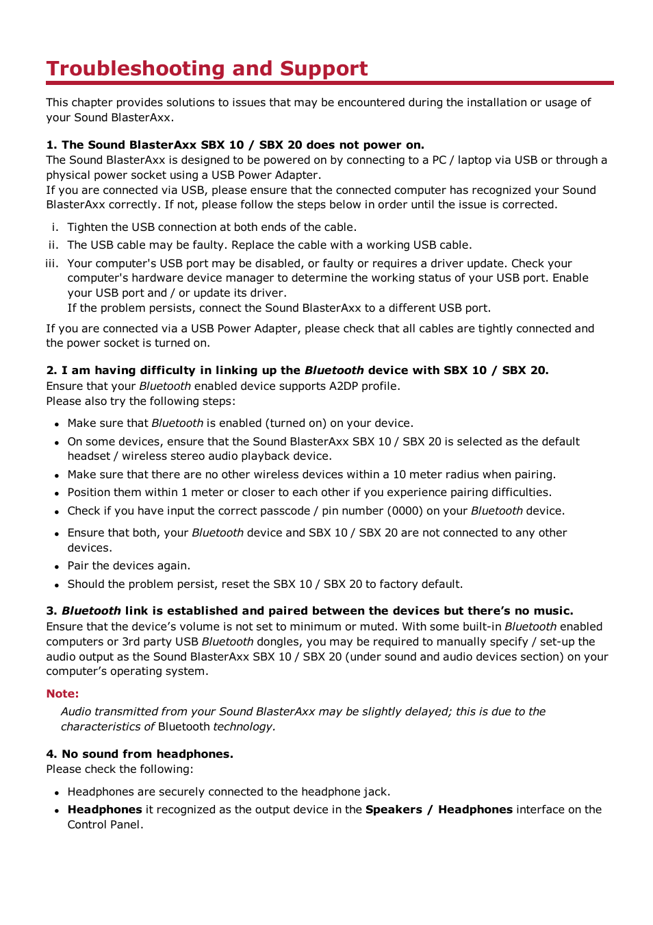Troubleshooting and support, No sound from headphones | CREATIVE Sound BlasterAxx SB1390 (SBX10) User Manual | Page 25 / 33