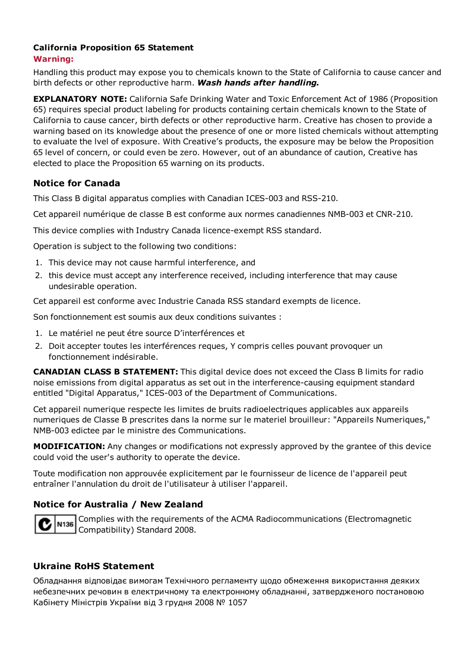 California proposition 65 statement, Notice for canada, Notice for australia / new zealand | Ukraine rohs statement | CREATIVE Sound BlasterAxx SB1390 (SBX10) User Manual | Page 29 / 33