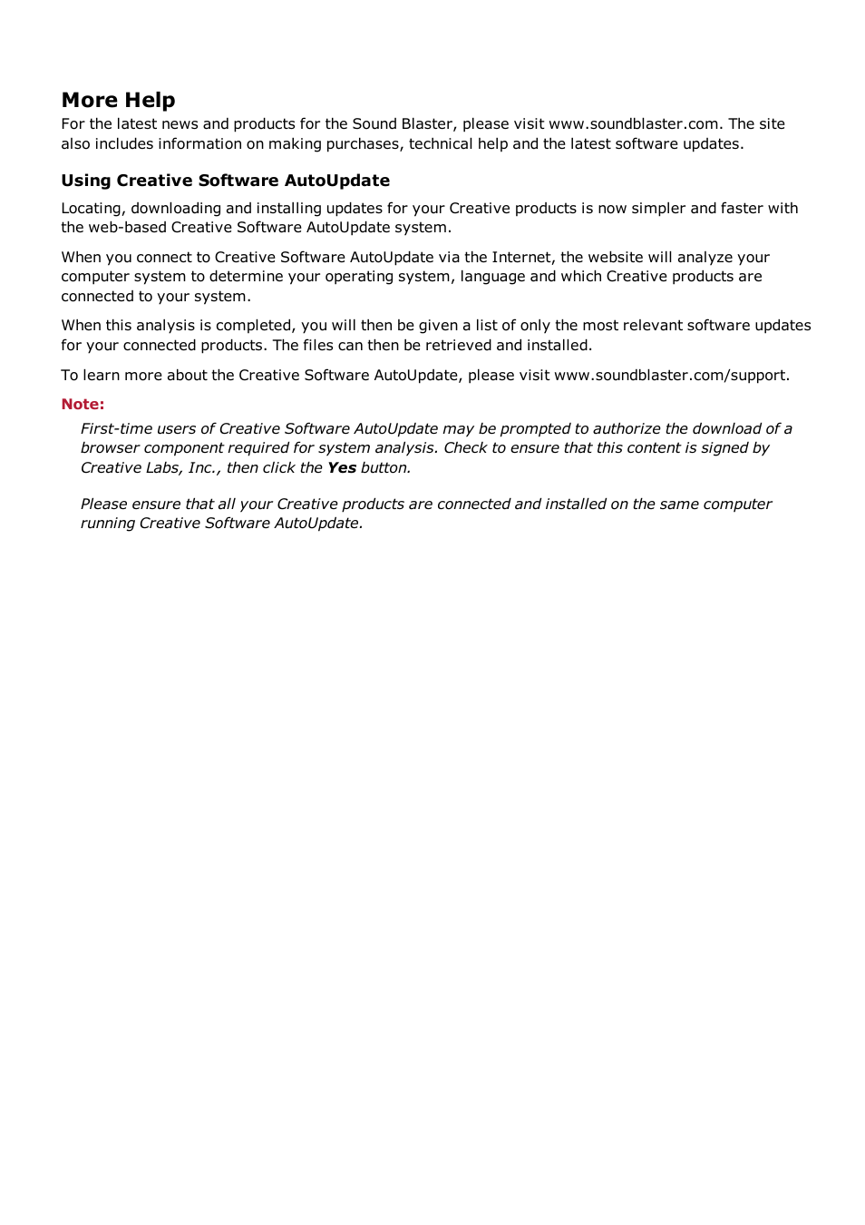 More help, Using creative software autoupdate | CREATIVE Sound BlasterAxx SB1390 (SBX10) User Manual | Page 3 / 33