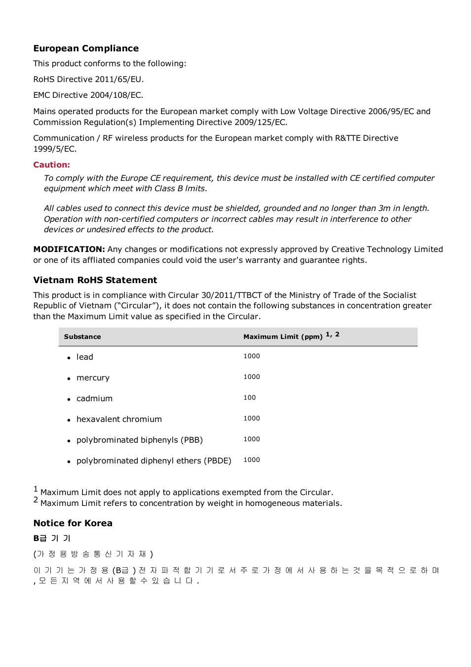 European compliance, Vietnam rohs statement, Notice for korea | CREATIVE Sound BlasterAxx SB1390 (SBX10) User Manual | Page 30 / 33