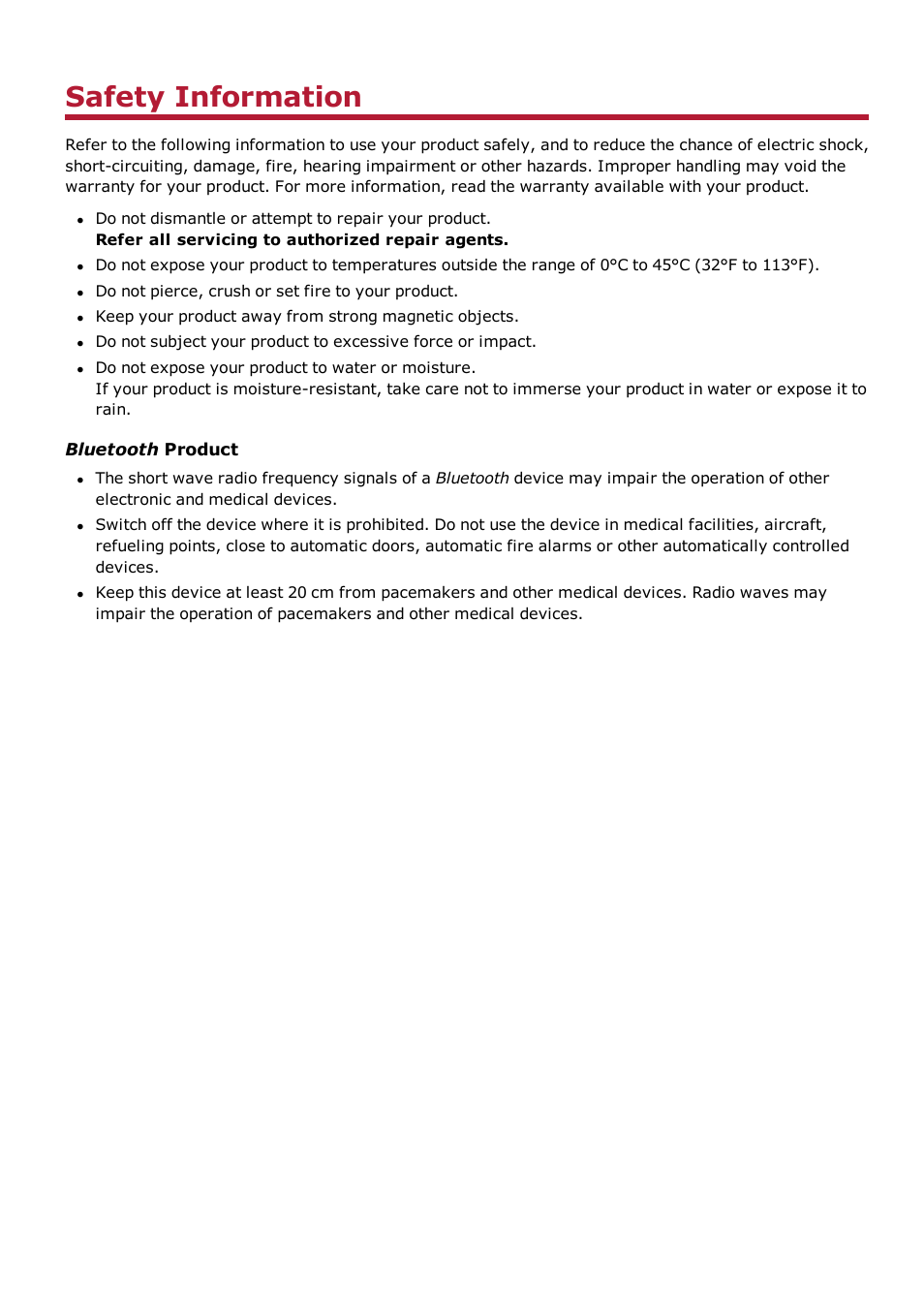 Safety information, Bluetooth product | CREATIVE Sound BlasterAxx SB1390 (SBX10) User Manual | Page 32 / 33