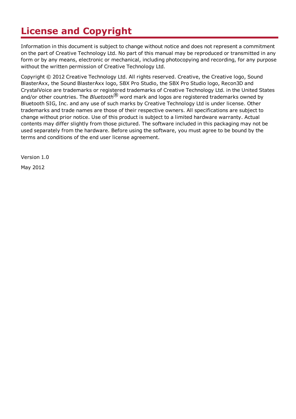 License and copyright | CREATIVE Sound BlasterAxx SB1390 (SBX10) User Manual | Page 33 / 33