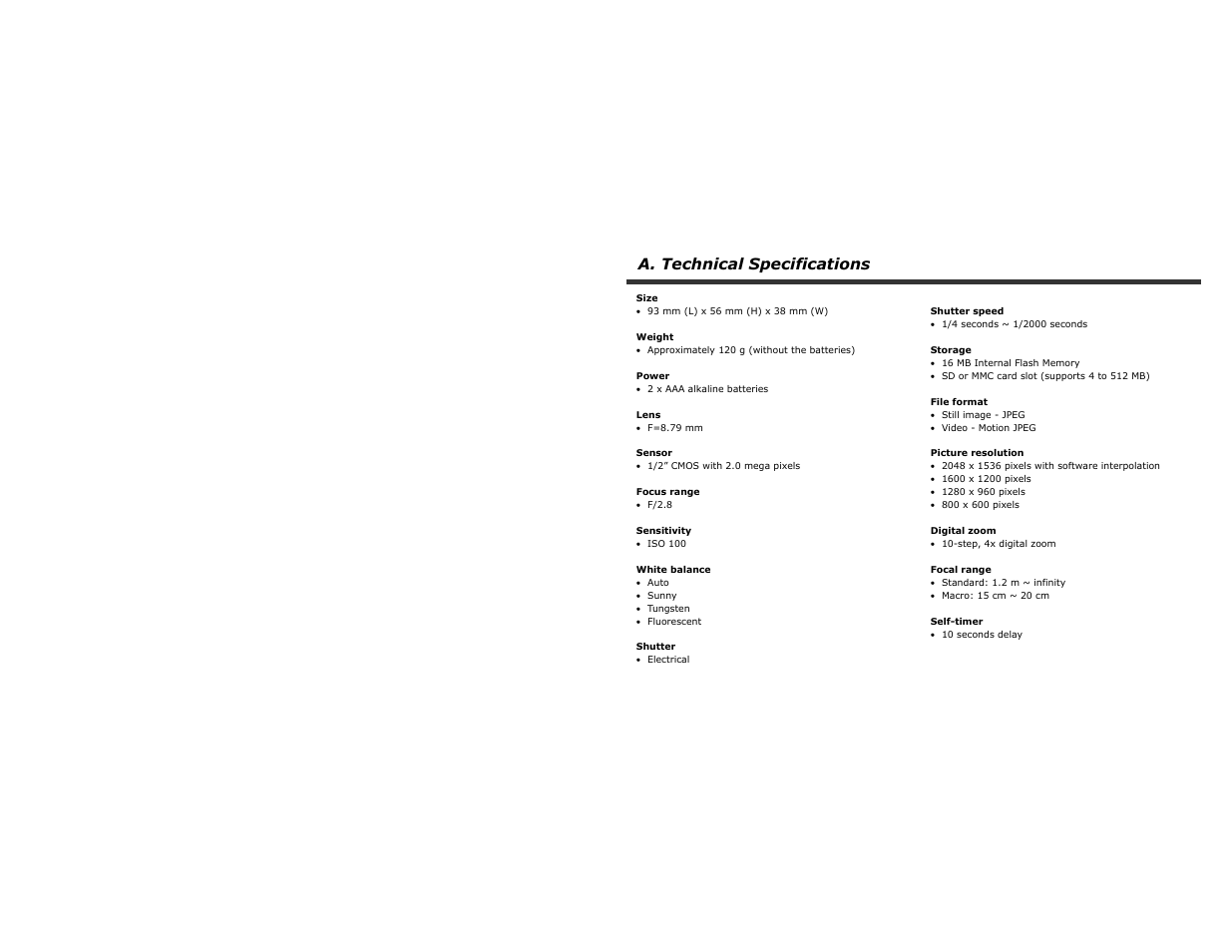 A. technical specifications | CREATIVE PC-CAM 920 Slim User Manual | Page 28 / 29