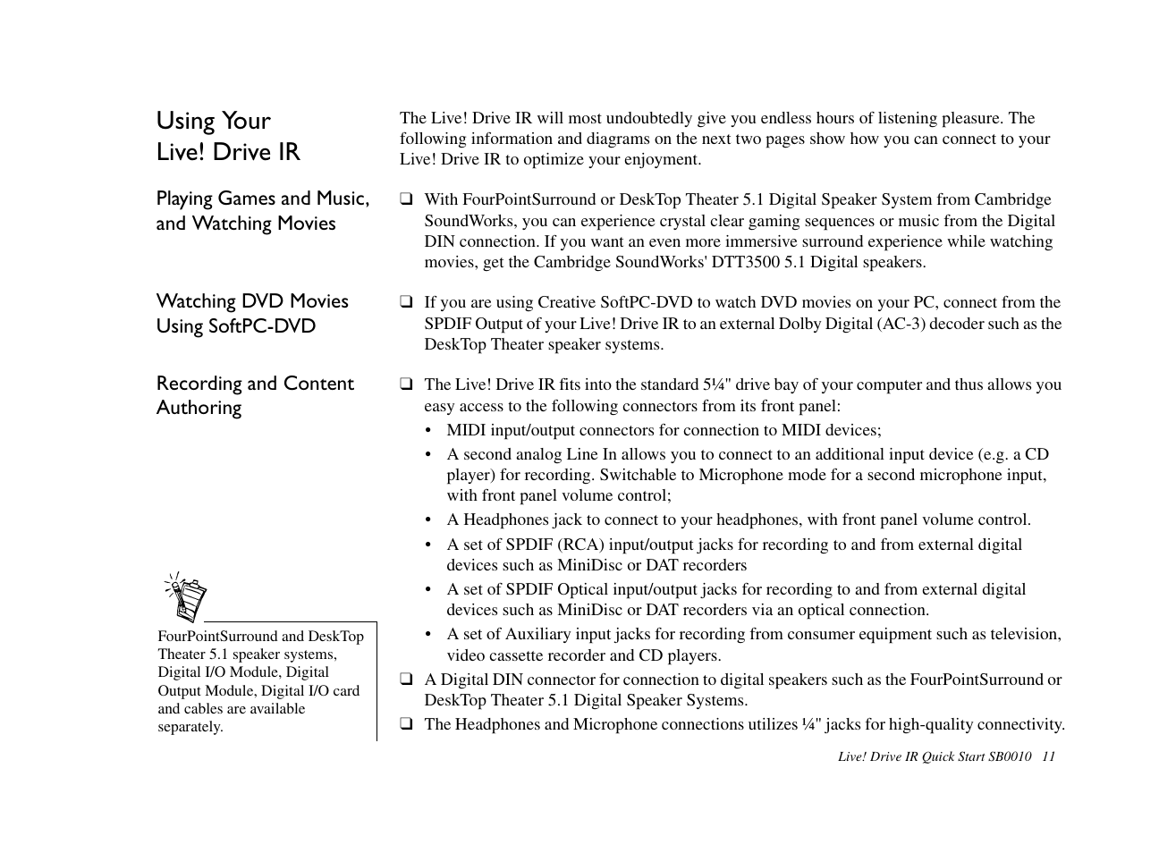 Using your live! drive ir, Playing games and music, and watching movies, Watching dvd movies using softpc-dvd | Recording and content authoring | CREATIVE Live! Drive IR SB0010 User Manual | Page 11 / 22