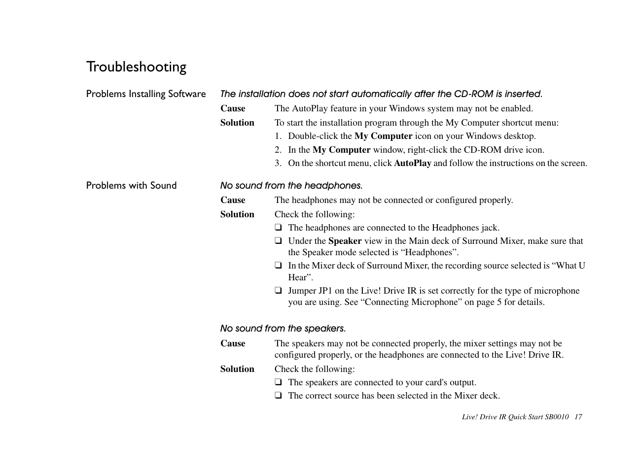 Troubleshooting, Problems installing software, Problems with sound | CREATIVE Live! Drive IR SB0010 User Manual | Page 17 / 22