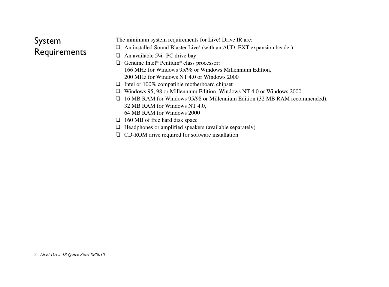 System requirements | CREATIVE Live! Drive IR SB0010 User Manual | Page 2 / 22