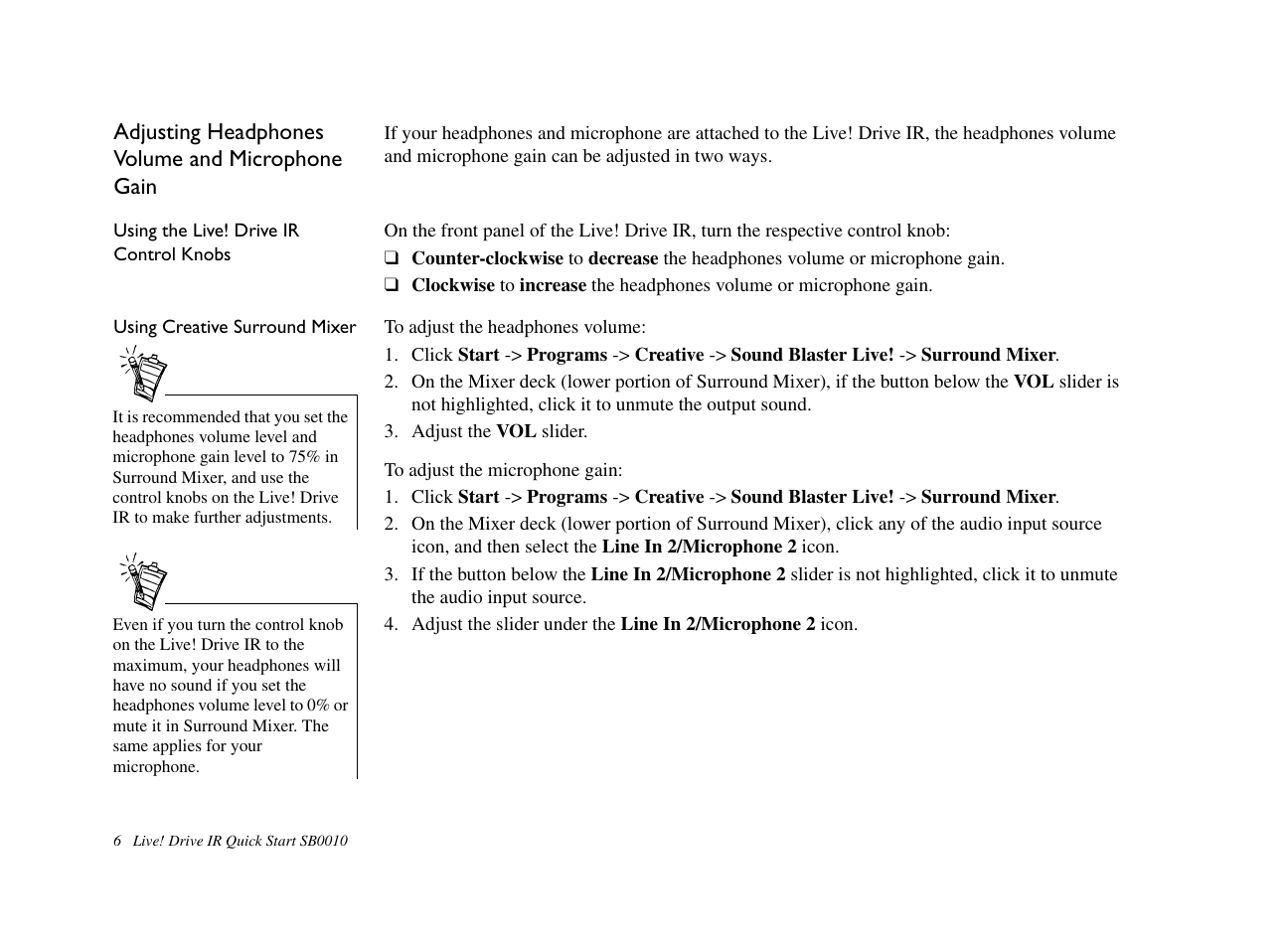 Adjusting headphones volume and microphone gain, Using the live! drive ir control knobs, Using creative surround mixer | CREATIVE Live! Drive IR SB0010 User Manual | Page 6 / 22