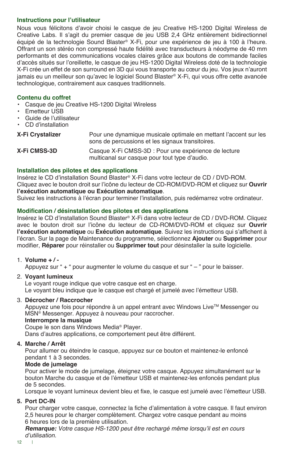 CREATIVE Digital Wireless Gaming Headset HS-1200 User Manual | Page 14 / 52