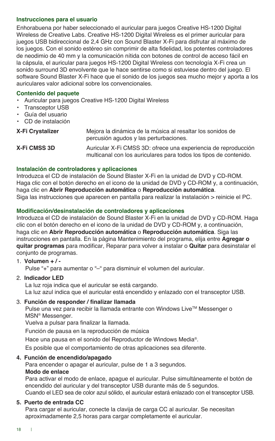CREATIVE Digital Wireless Gaming Headset HS-1200 User Manual | Page 20 / 52