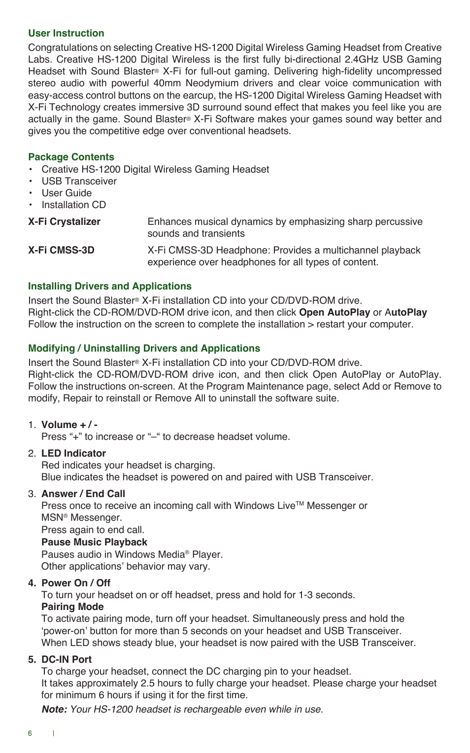 CREATIVE Digital Wireless Gaming Headset HS-1200 User Manual | Page 8 / 52