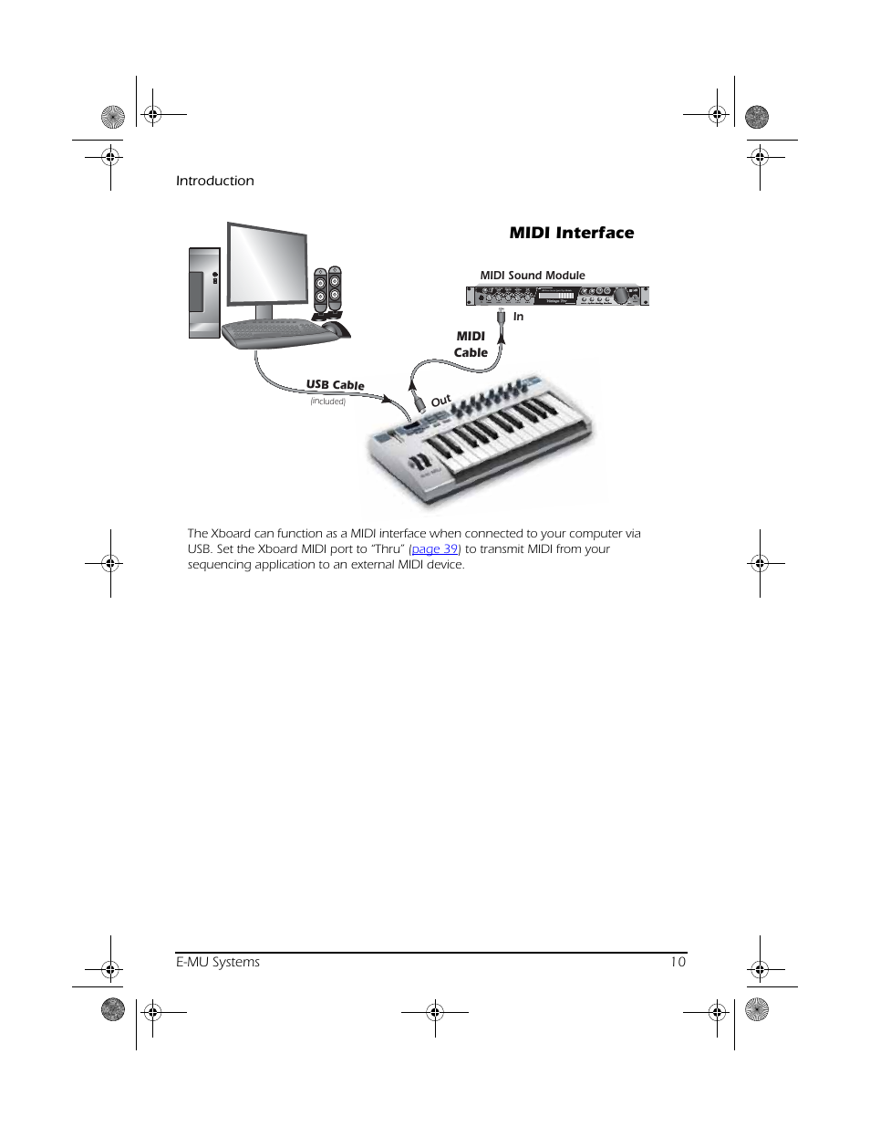 Midi interface, Introduction e-mu systems 10, Midi cable | Usb cable, Out in, Midi sound module | CREATIVE X Board.book E-MU User Manual | Page 10 / 73