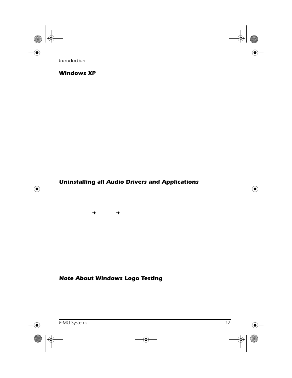 Windows xp, Uninstalling all audio drivers and applications, Note about windows logo testing | CREATIVE X Board.book E-MU User Manual | Page 12 / 73
