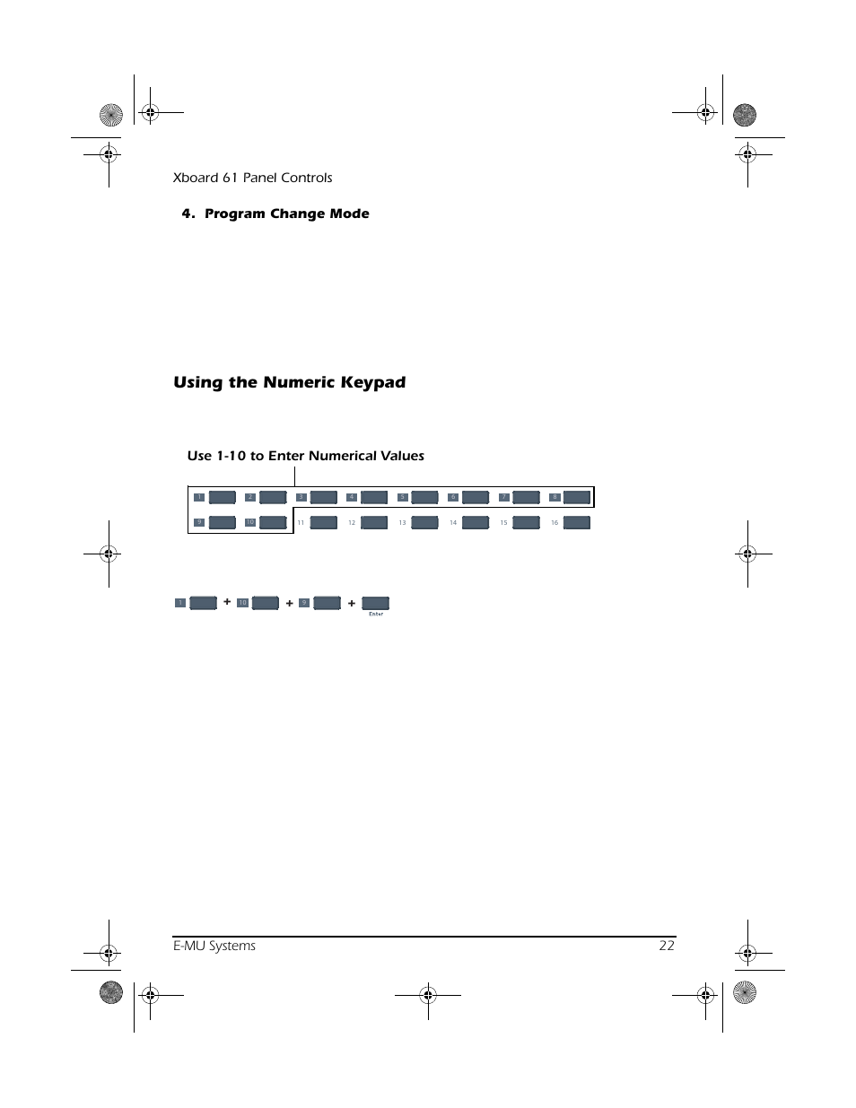Using the numeric keypad, Use 1-10 to enter numerical values | CREATIVE X Board.book E-MU User Manual | Page 22 / 73