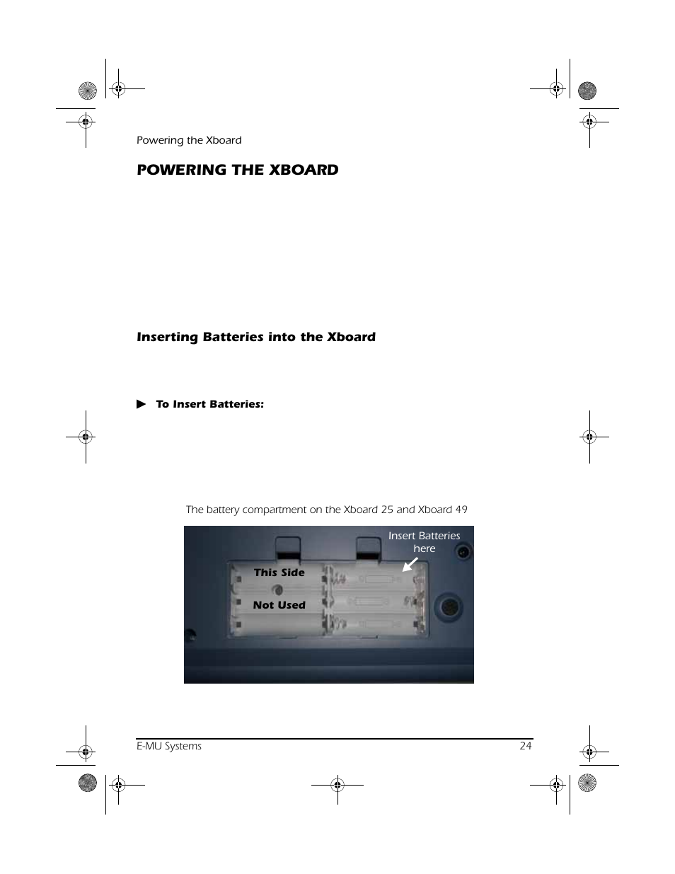 Powering the xboard, Inserting batteries into the xboard | CREATIVE X Board.book E-MU User Manual | Page 24 / 73