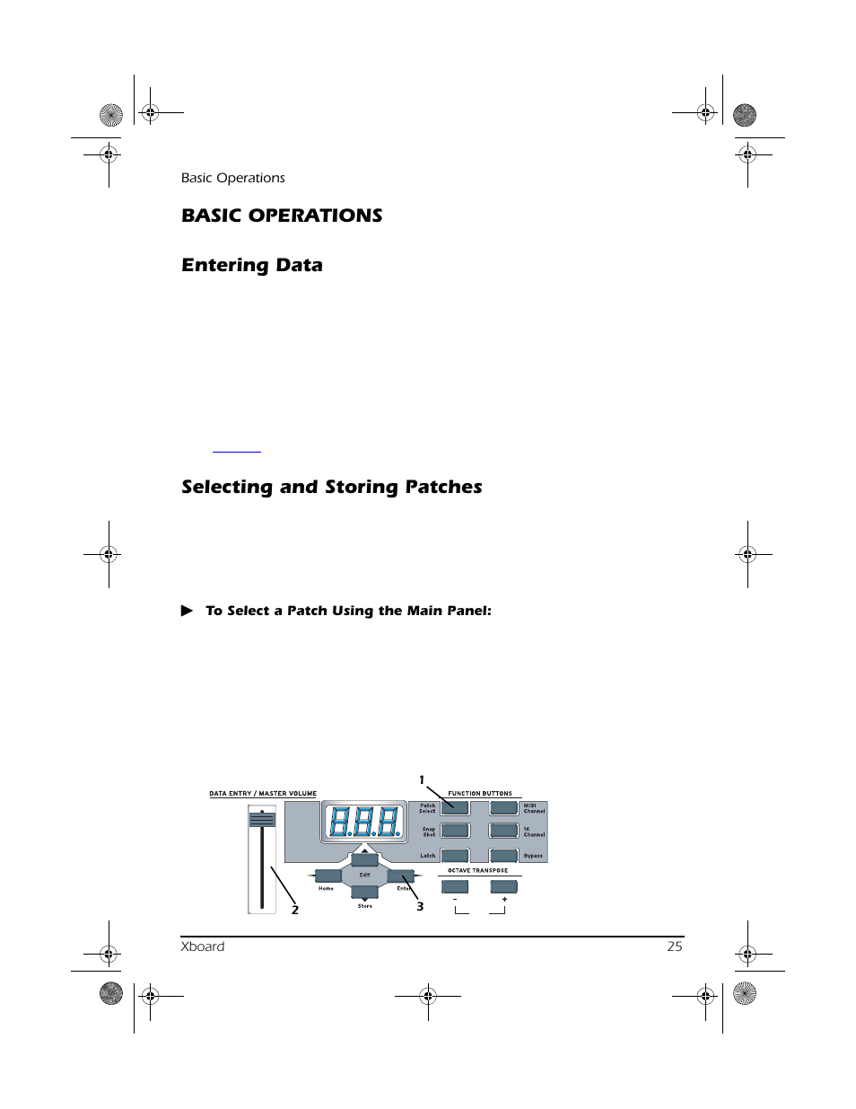 Basic operations, Entering data, Selecting and storing patches | Entering data selecting and storing patches, Basic operations entering data | CREATIVE X Board.book E-MU User Manual | Page 25 / 73