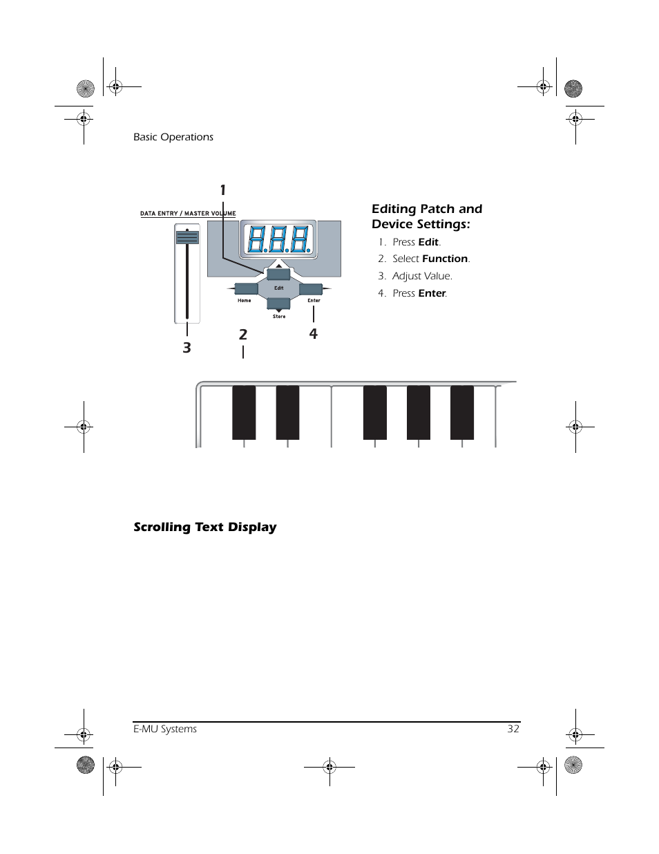 Scrolling text display, Editing patch and device settings, Basic operations e-mu systems 32 | CREATIVE X Board.book E-MU User Manual | Page 32 / 73