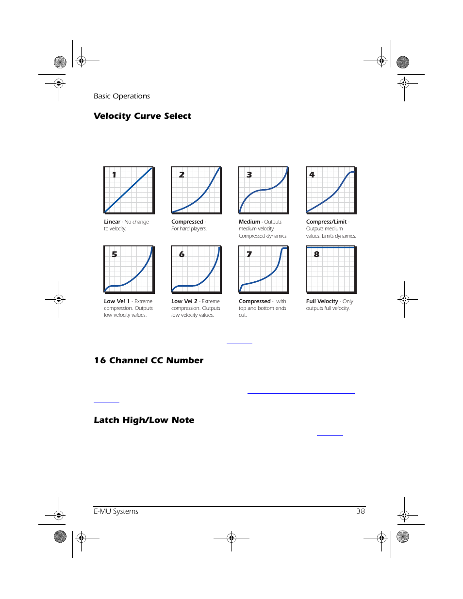 Velocity curve select, 16 channel cc number, Latch high/low note | CREATIVE X Board.book E-MU User Manual | Page 38 / 73