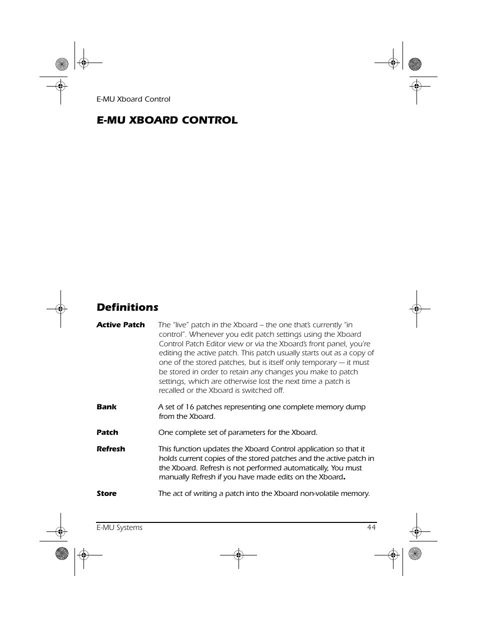E-mu xboard control, Definitions | CREATIVE X Board.book E-MU User Manual | Page 44 / 73