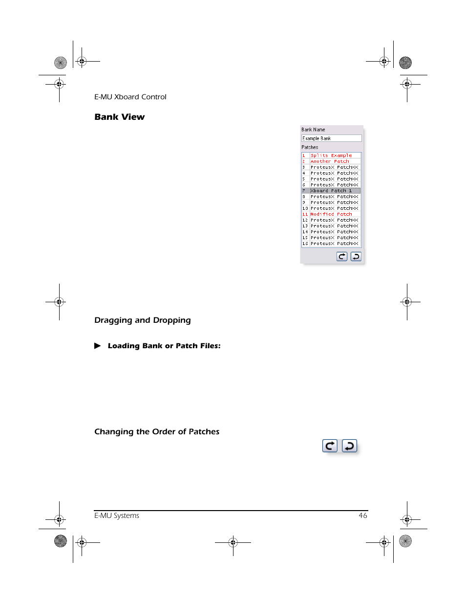 Bank view, Dragging and dropping, Changing the order of patches | CREATIVE X Board.book E-MU User Manual | Page 46 / 73