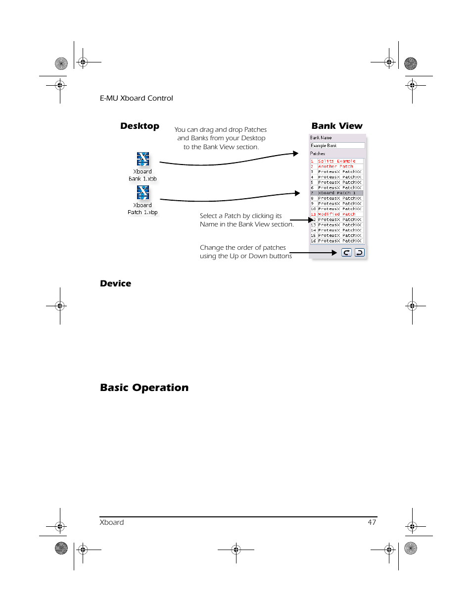Device, Basic operation | CREATIVE X Board.book E-MU User Manual | Page 47 / 73