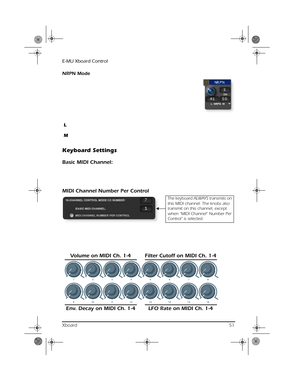 Keyboard settings, Basic midi channel, Midi channel number per control | CREATIVE X Board.book E-MU User Manual | Page 51 / 73