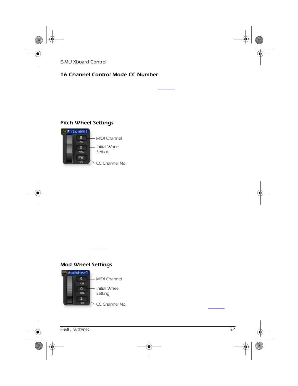 16 channel control mode cc number, Pitch wheel settings, Mod wheel settings | CREATIVE X Board.book E-MU User Manual | Page 52 / 73